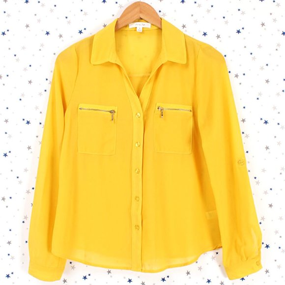 Zipper Pocket Button Up Blouse Top Yellow - Picture 1 of 9